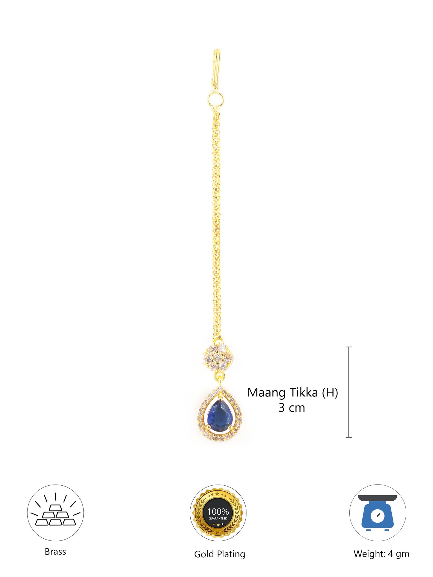 Gold Plated Blue AD Teardrop Maang Tikka for Women
