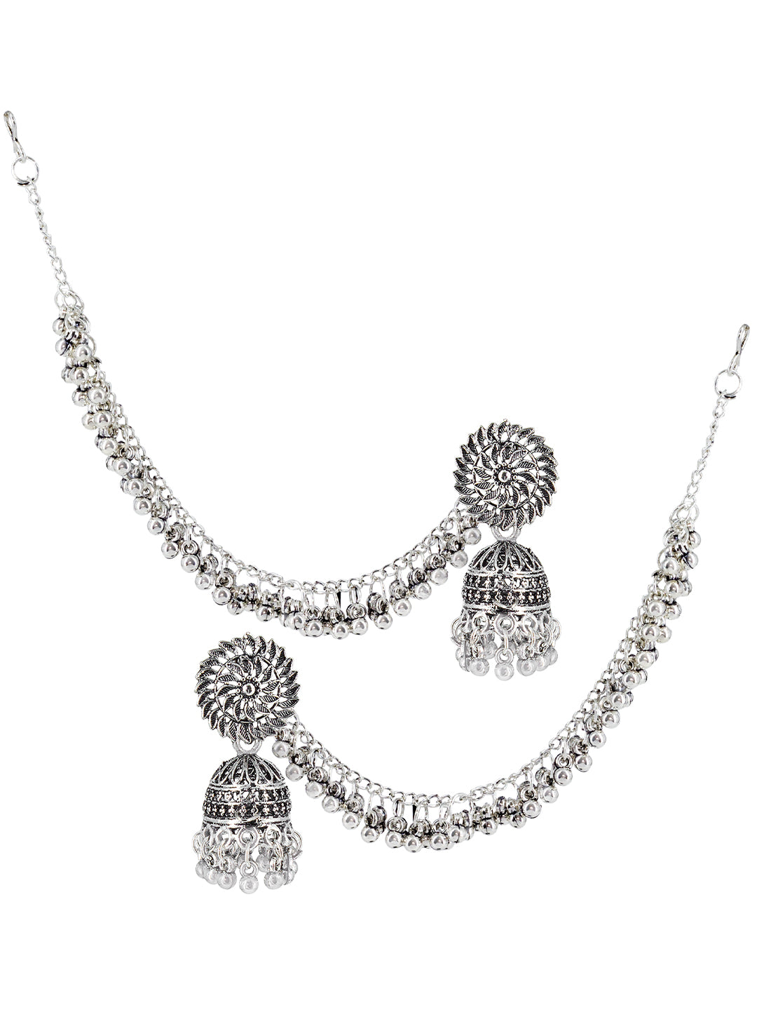 Silver-Oxidised Floral Jhumka Earrings With Ear Chain