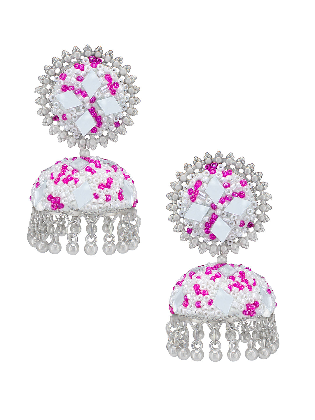 Pink Beads Drop Jhumka Earrings