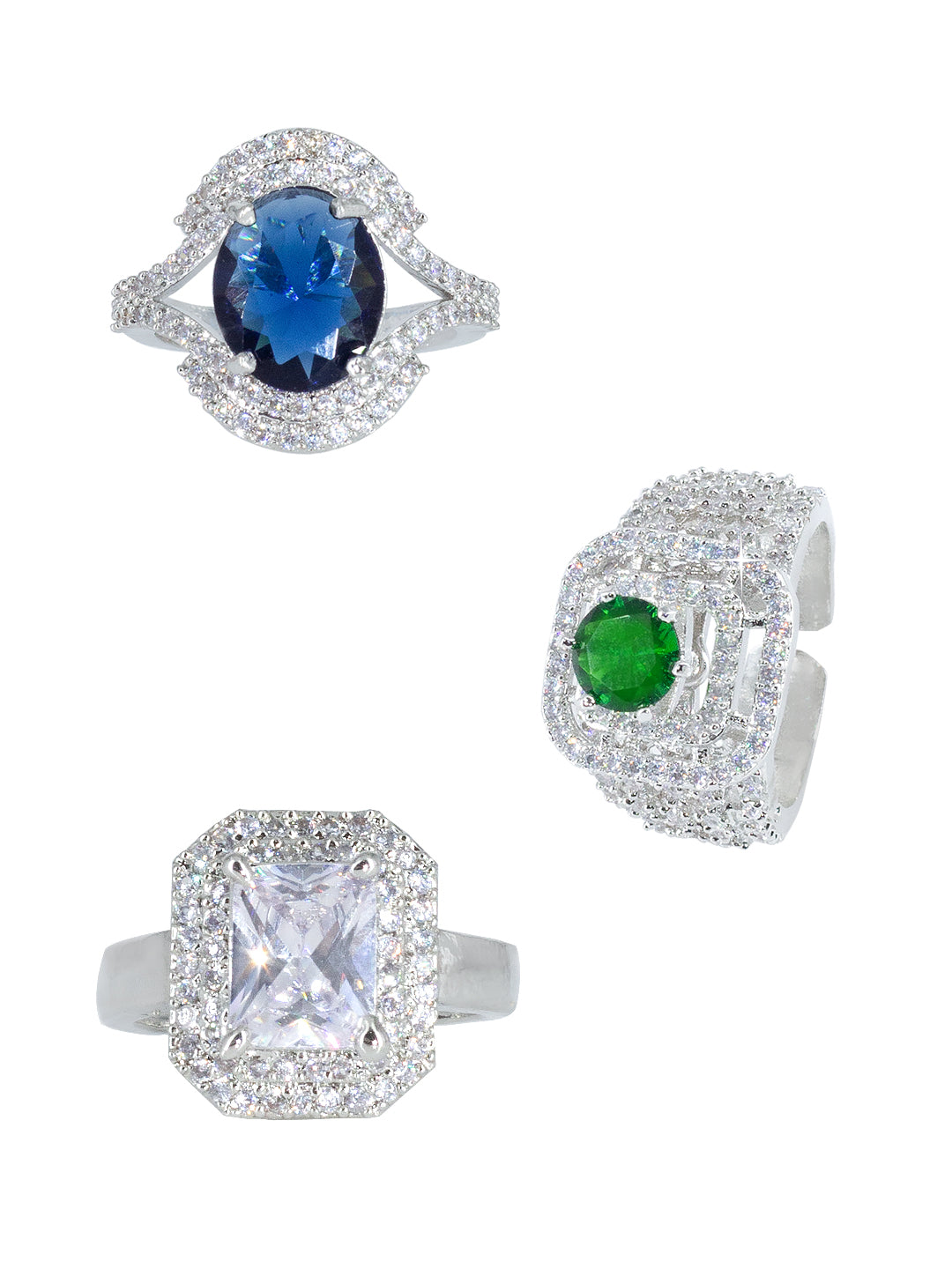 Pack of 3 AD-Studded Cocktail Adjustable Ring