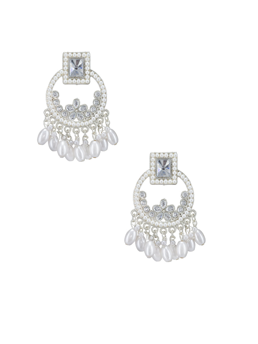 Silver Plated White Square Artificial Beads & Stones Studded Drop Earrings