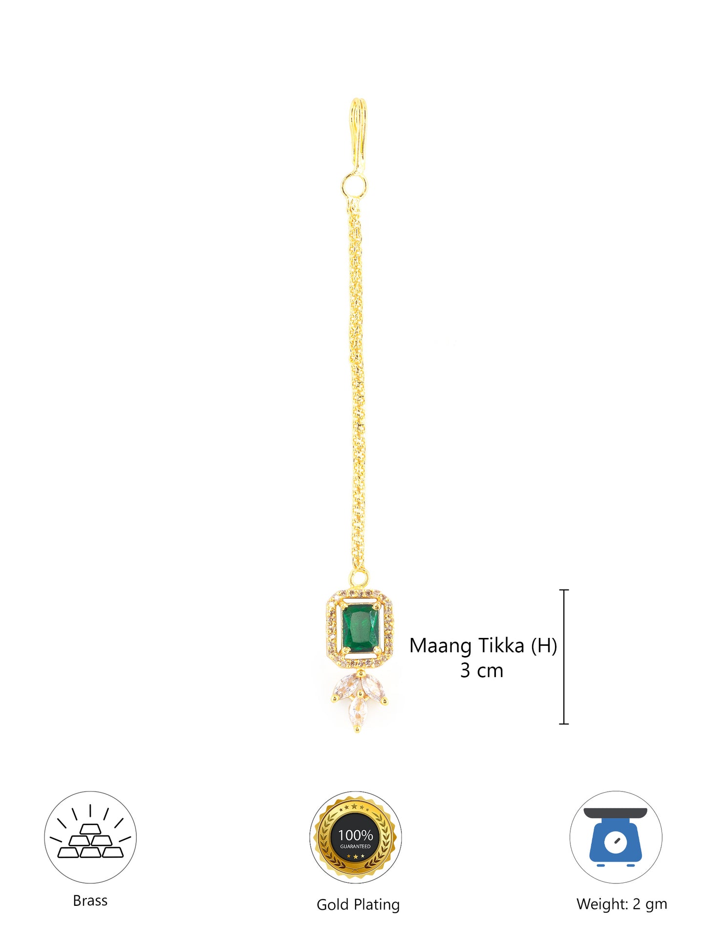 Gold Plated Green American Diamond Maang Tikka for Women
