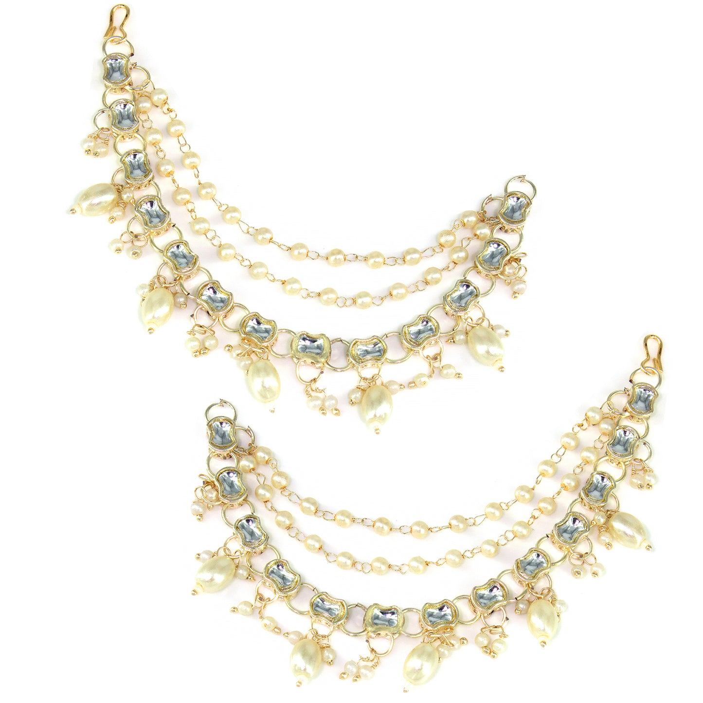 Gold-plated 3-Layered Kundan-Studded & Faux-Pearl Drop Ear Chain