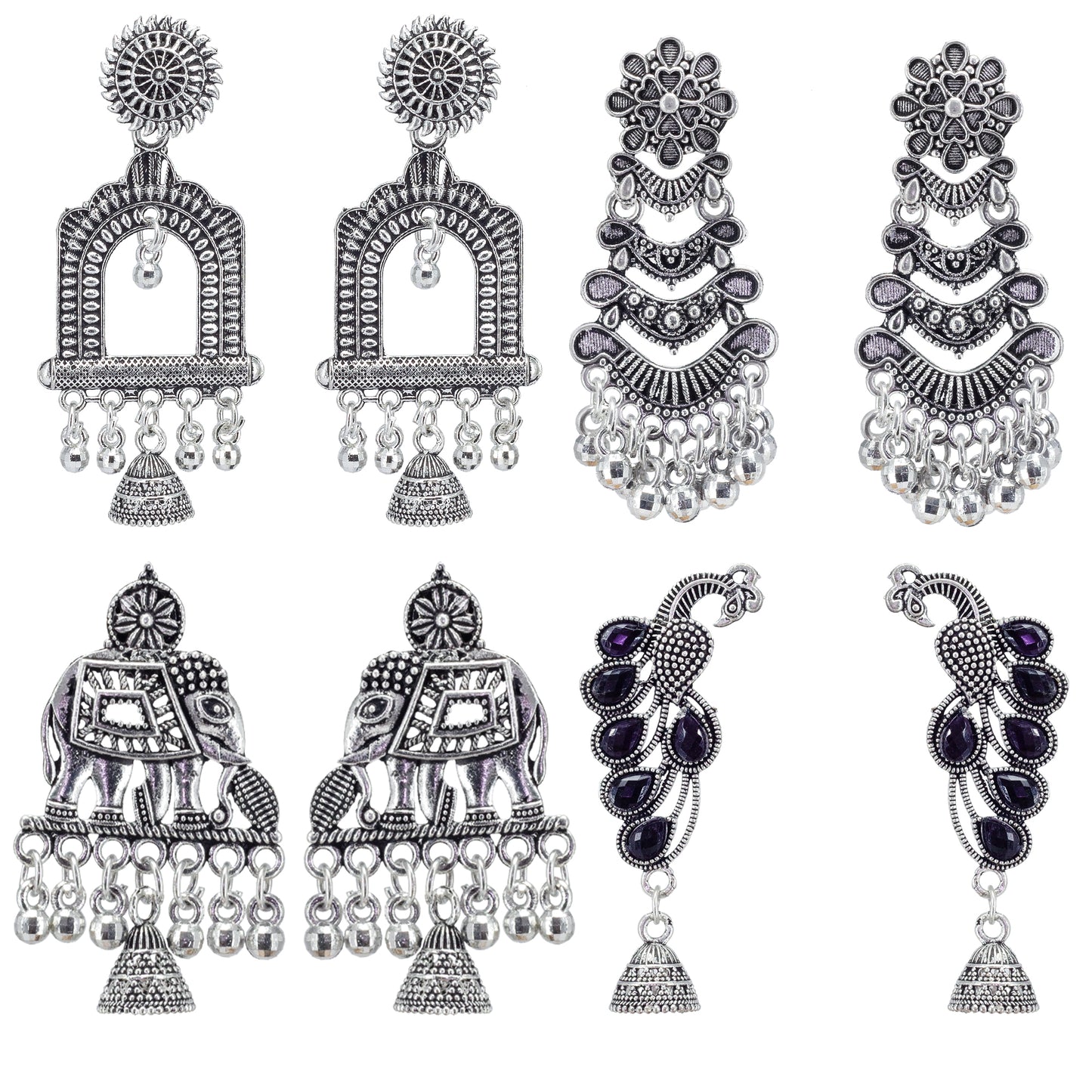 Set of 4 Floral, Peacock & Elephant Jhumki Earrings
