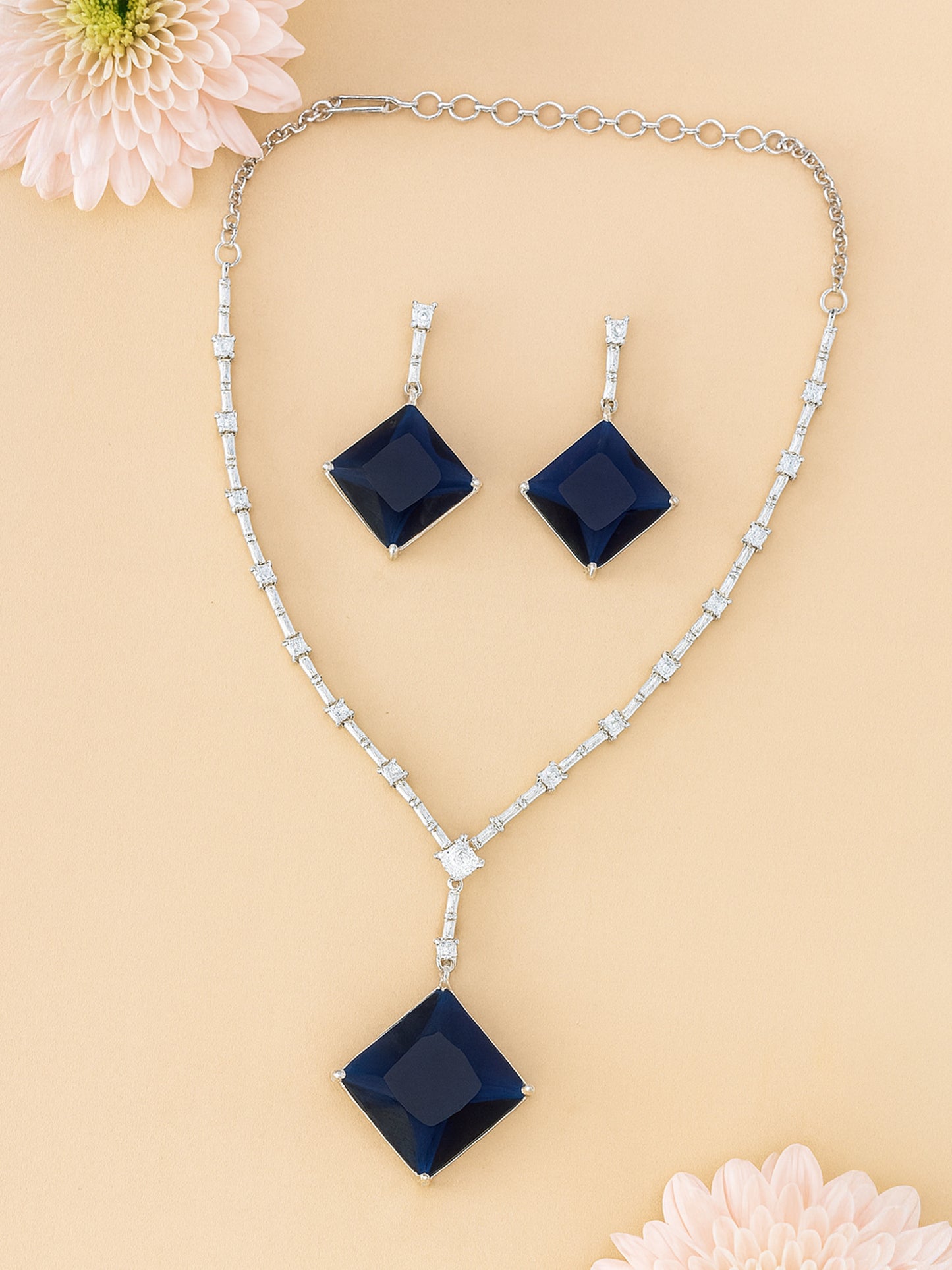 American Diamond Studded Royal Blue Square Drop Design Jewellery Set For Women And Girls