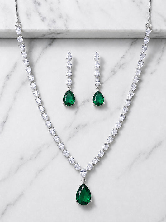 Rhodium Plated Green American Diamond Drop Trendy Jewellery Set