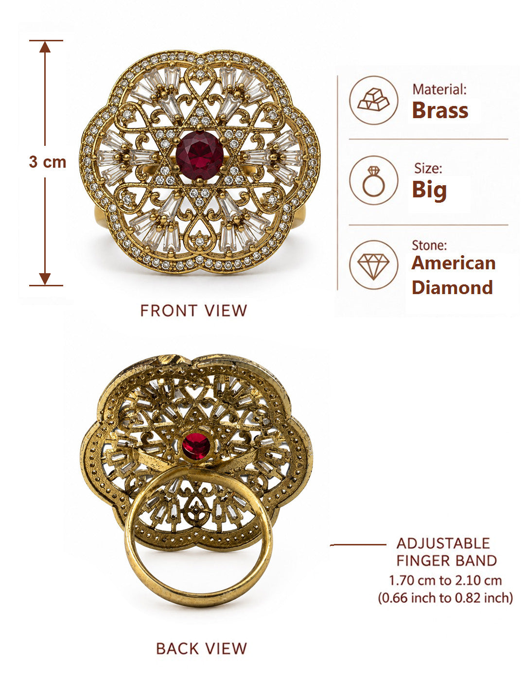 Antique Gold Plated Red AD Finger Ring for Women