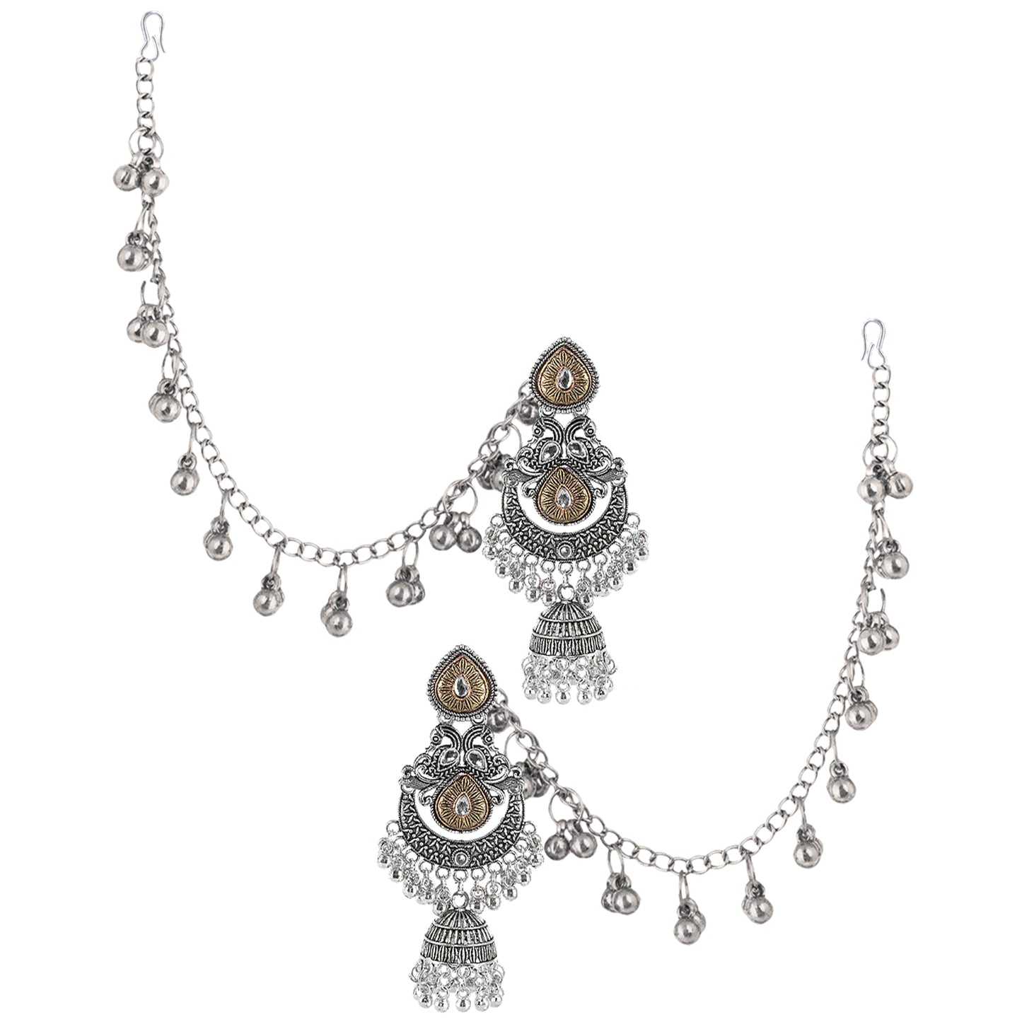 Dual-Tone Afghani Jhumka Earrings With Ear Chain