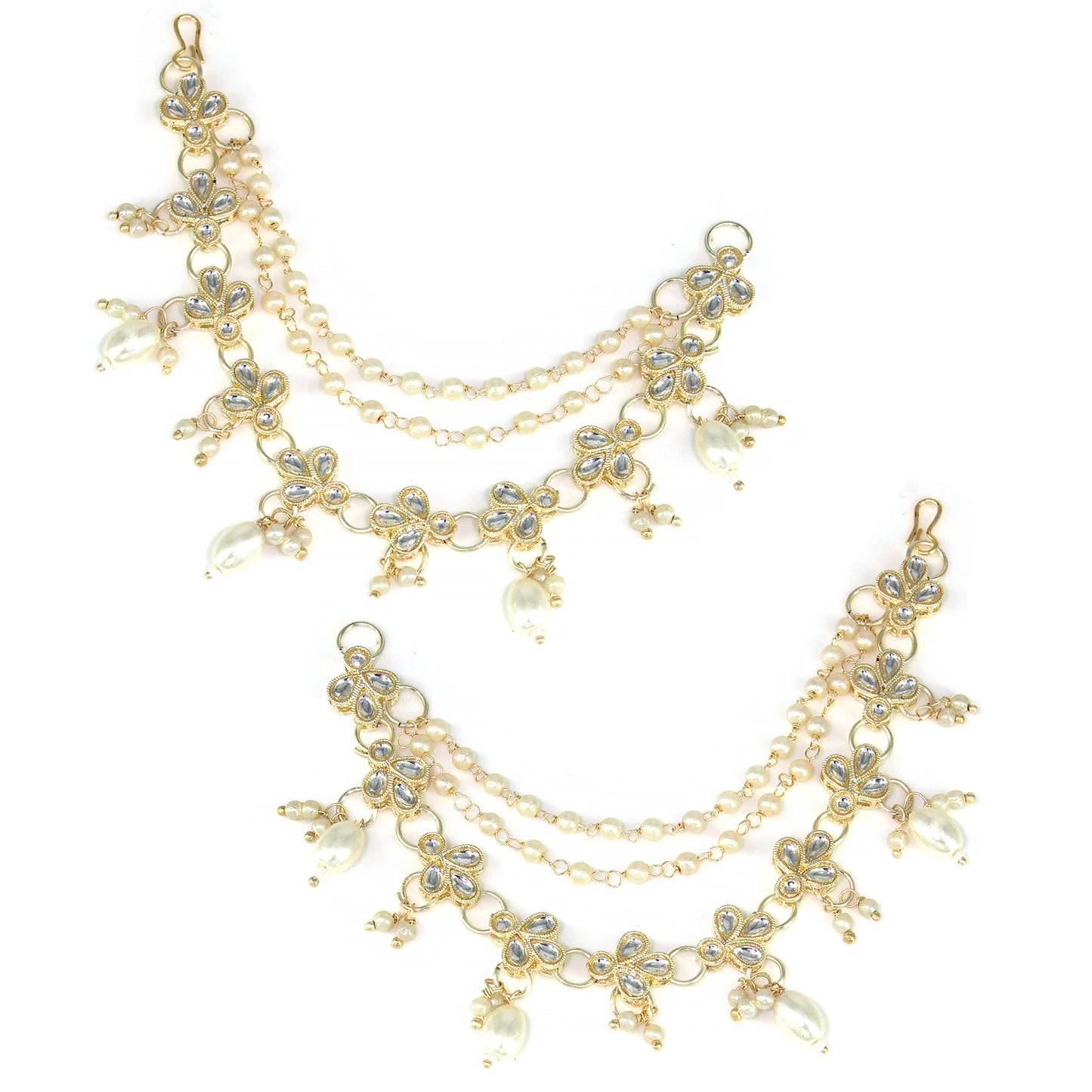 Gold-plated 3-Layered Floral Kundan-Studded & Faux-Pearl Drop Ear Chain