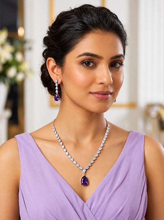 Rhodium Plated Purple American Diamond Drop Jewellery Set