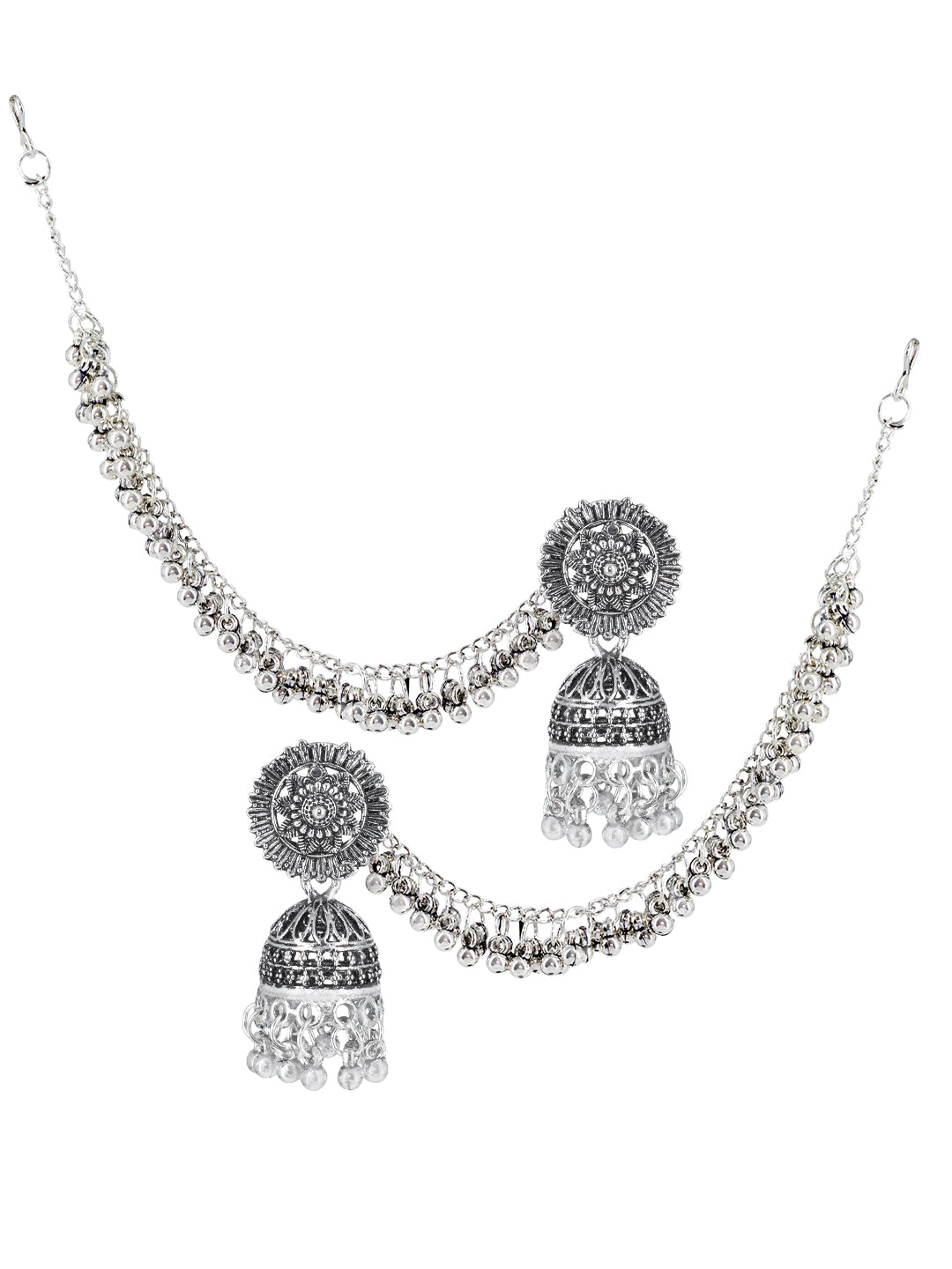 Silver-Oxidised Floral Jhumka Earrings With Hair Chain