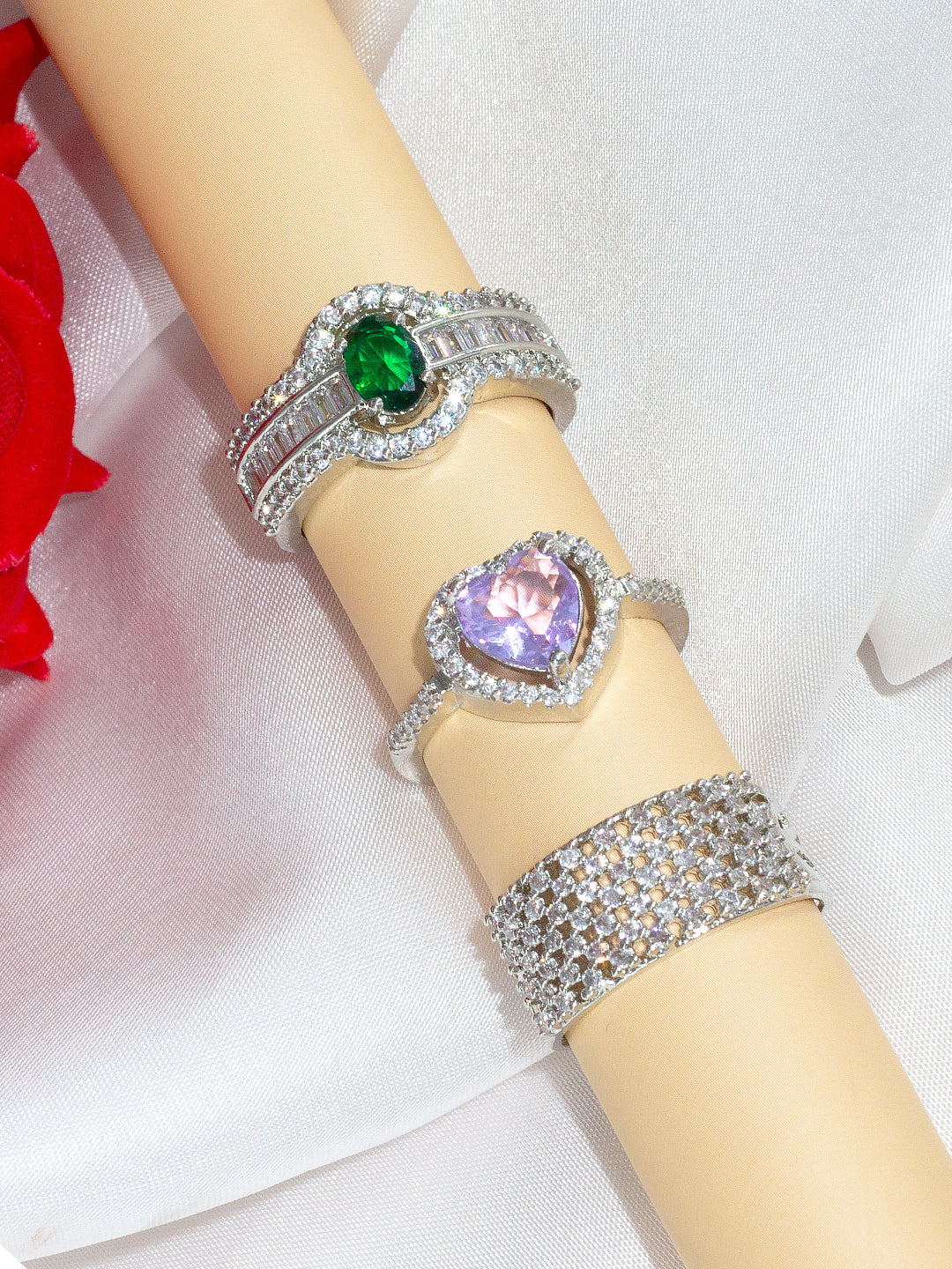 Pack of 3 AD-Studded Designer Adjustable Ring