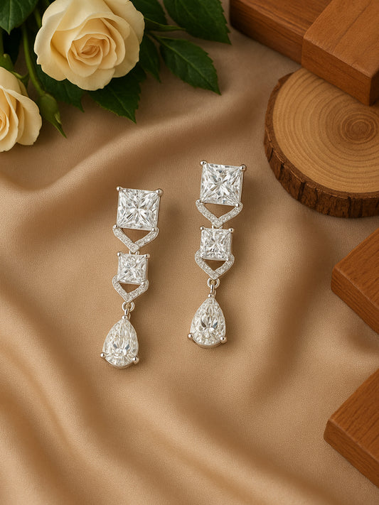 Silver Plated AD Square Drop Earrings For Women