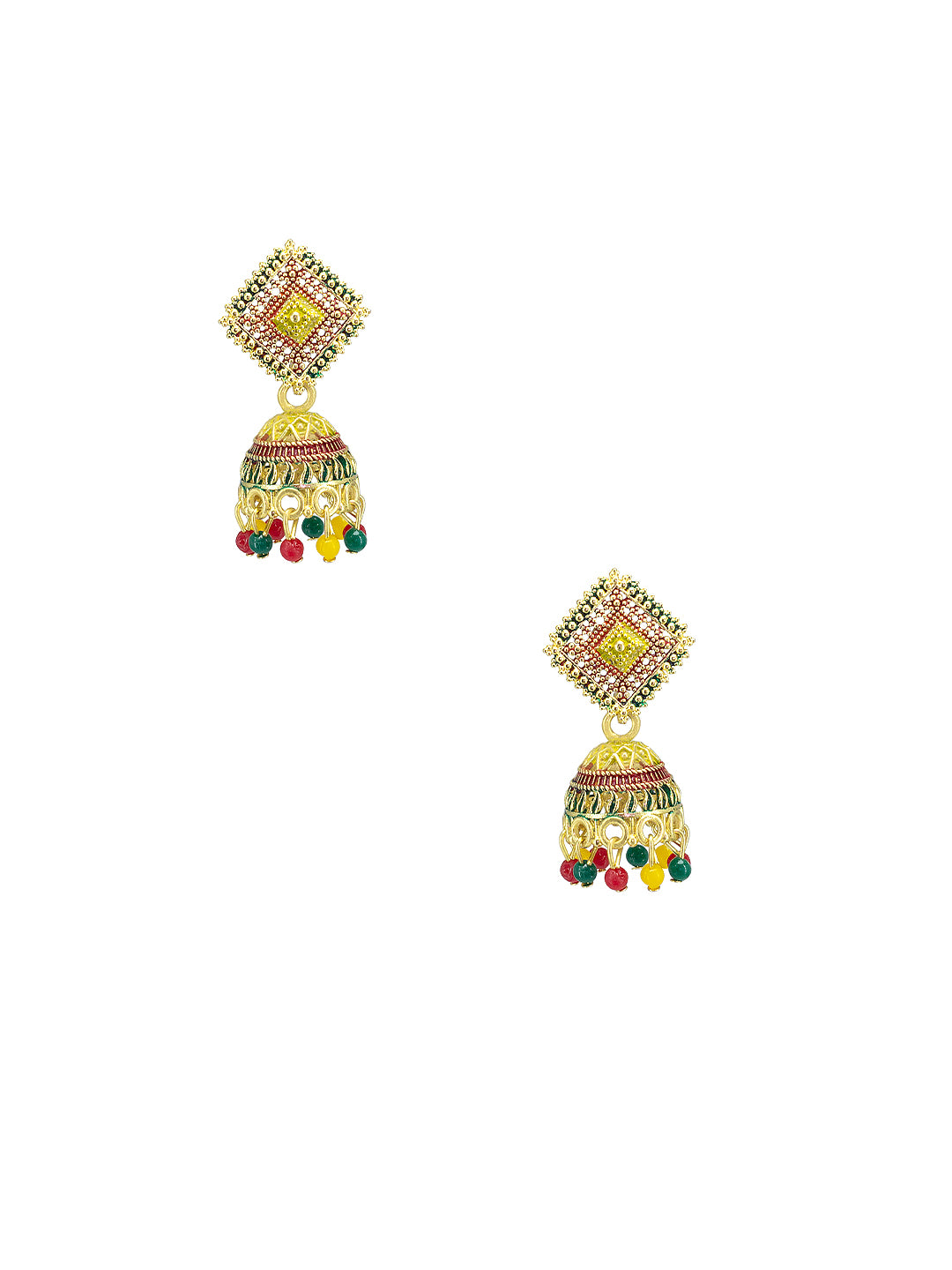 Gold Plated Square Multi Color Artificial Beaded Jhumki Earrings