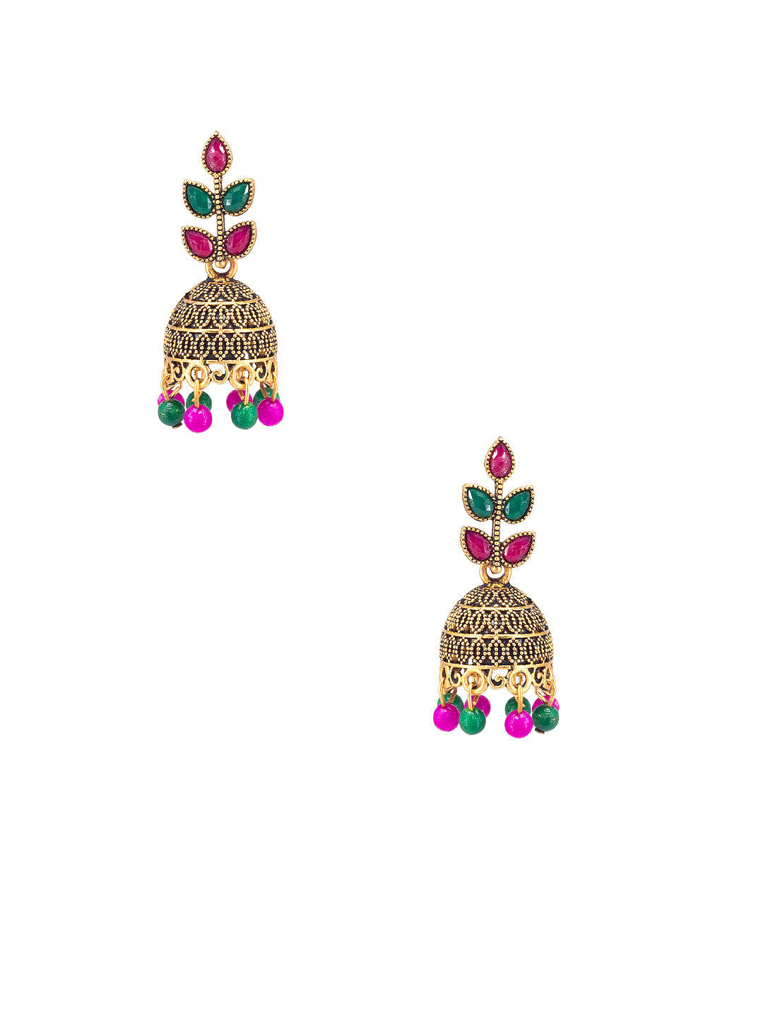 Antique Gold-Plated Leaf Artificial Stone & Beaded Jhumki Earrings