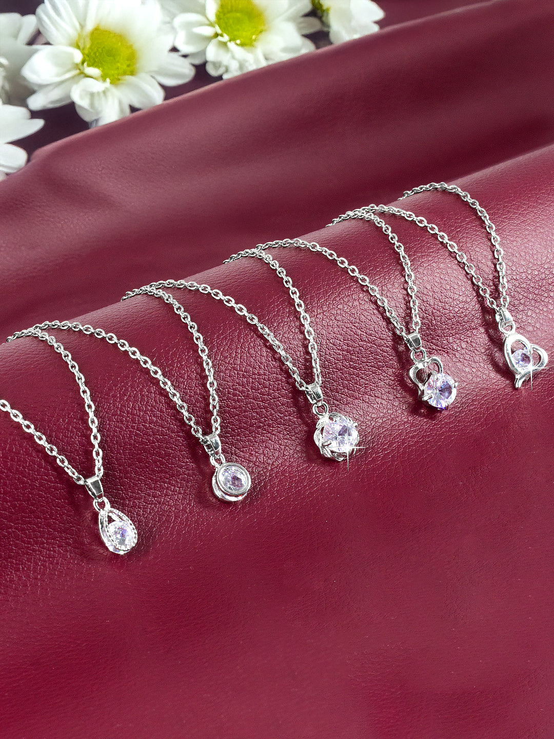 PRIVIU Silver Pendant Necklace for Women Teardrop, Heart, Round AD Pendant for Girls (Set of 5)