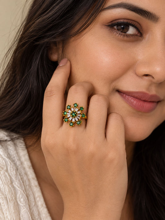 22K Gold Plated Green AD Finger Ring for Women