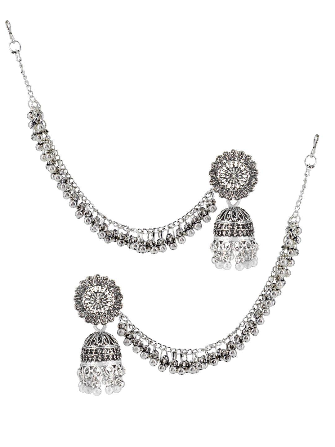 Silver-Oxidised Floral Jhumka Earrings With Ear Chain