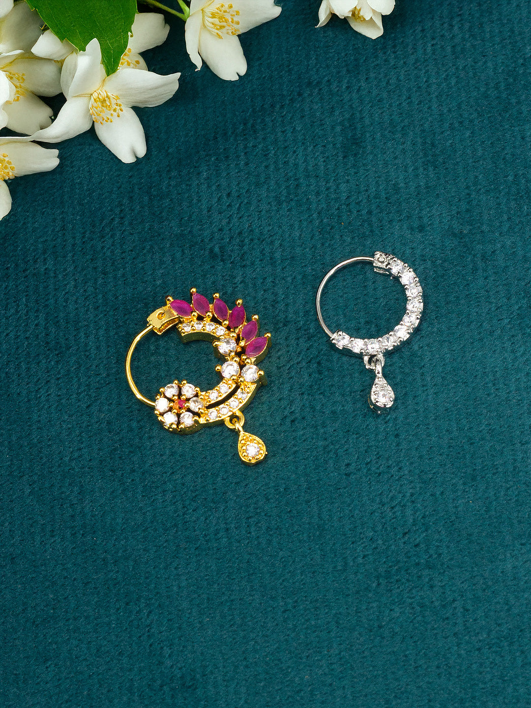 Set of Two Rhodium & Gold Plated American Diamond Nosepin