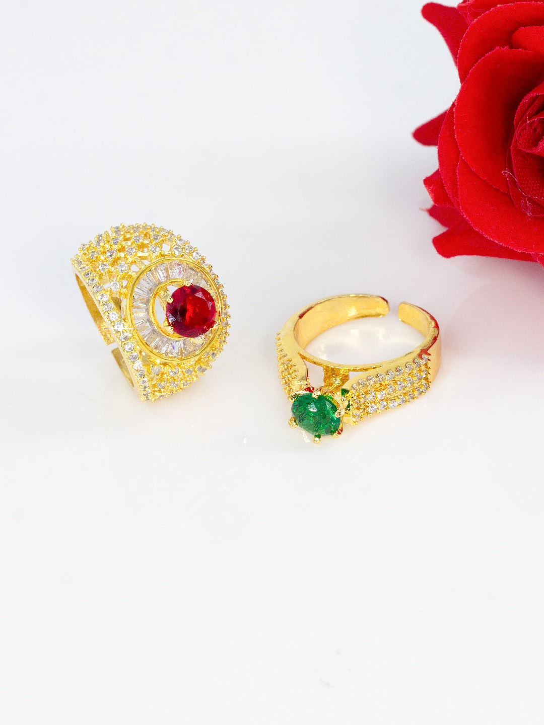 Pack of 2 Ring and Red Statement AD-Studded Adjustable Ring