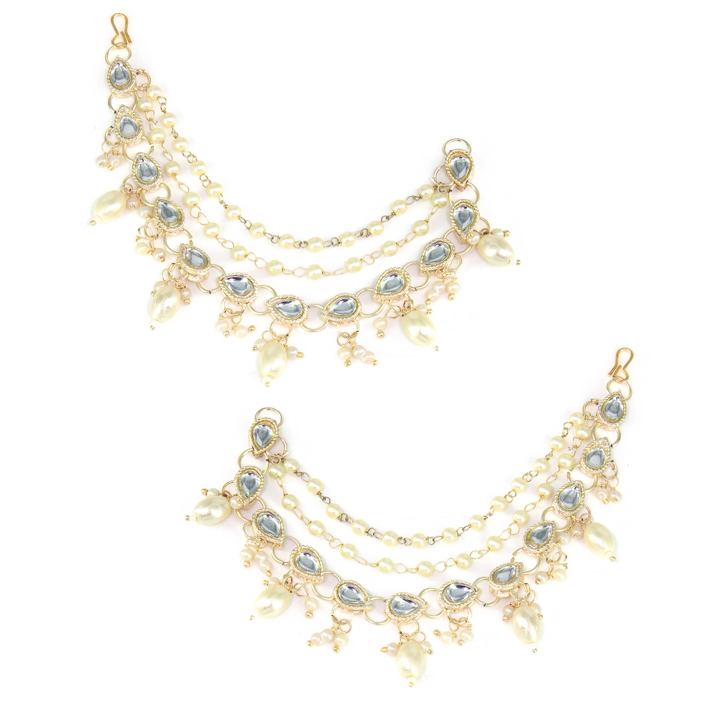 Gold-plated 3-Layered Kundan-Studded & Faux-Pearl Drop Ear Chain