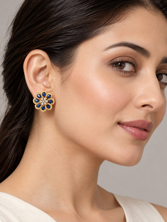 South Indian Gold Plated Blue AD Floral Stud Earrings for Women