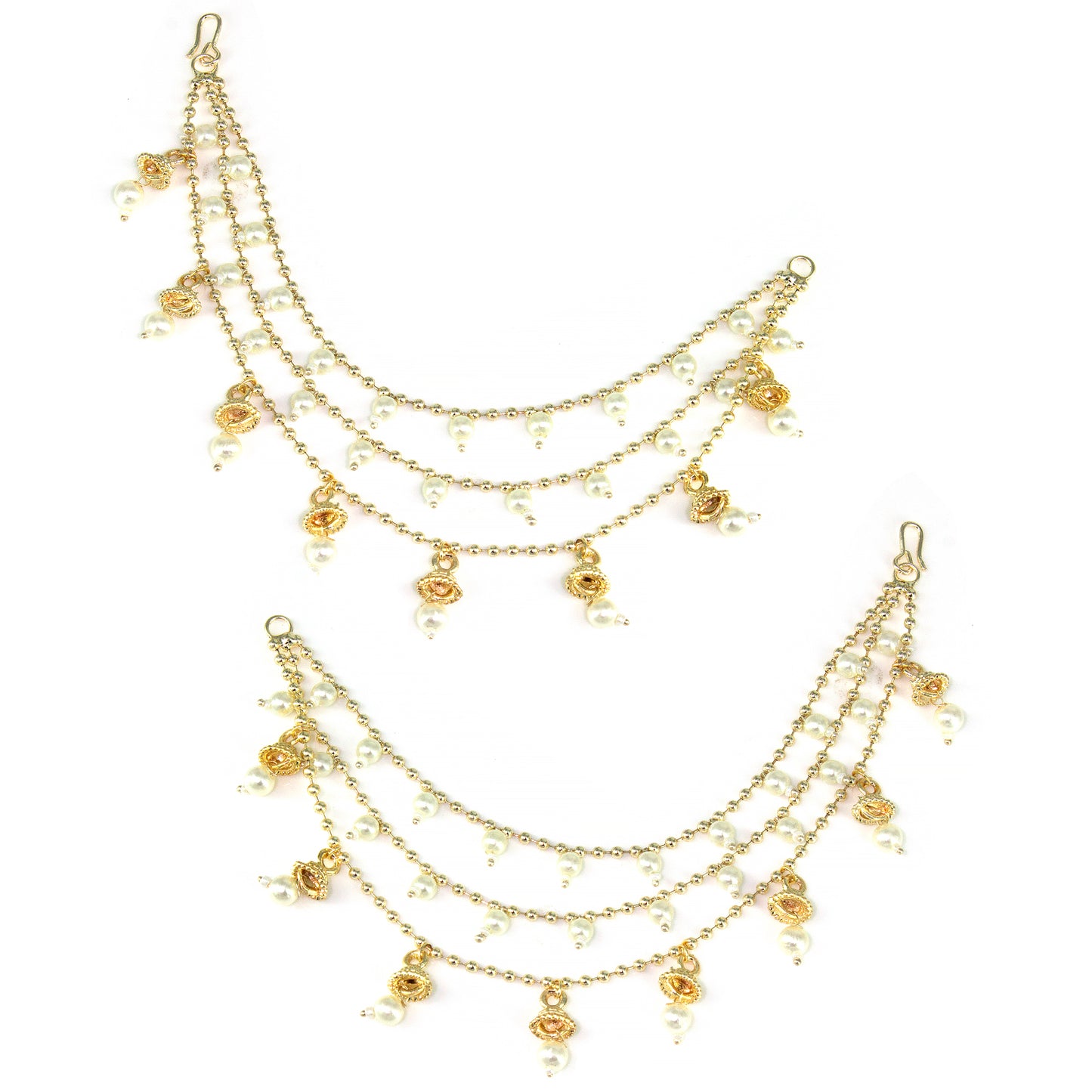 Gold-Plated 3-Layered Beads & 8 Jhumki Drop Ear Chain
