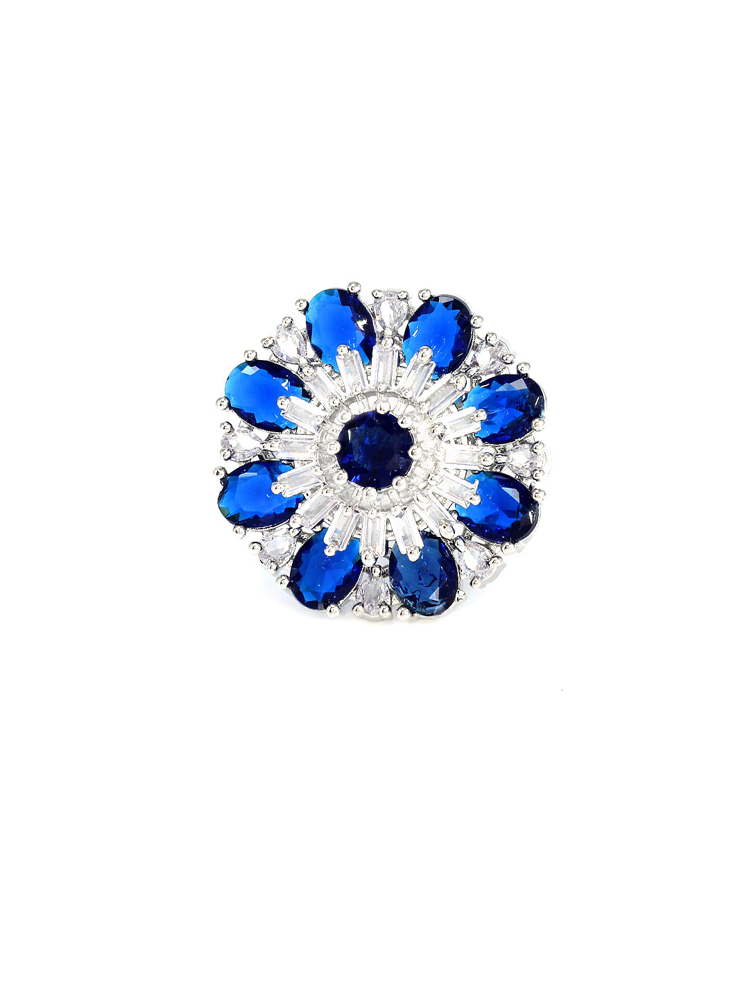 Floral Blue American Diamond Adjustable Cocktail Finger Ring