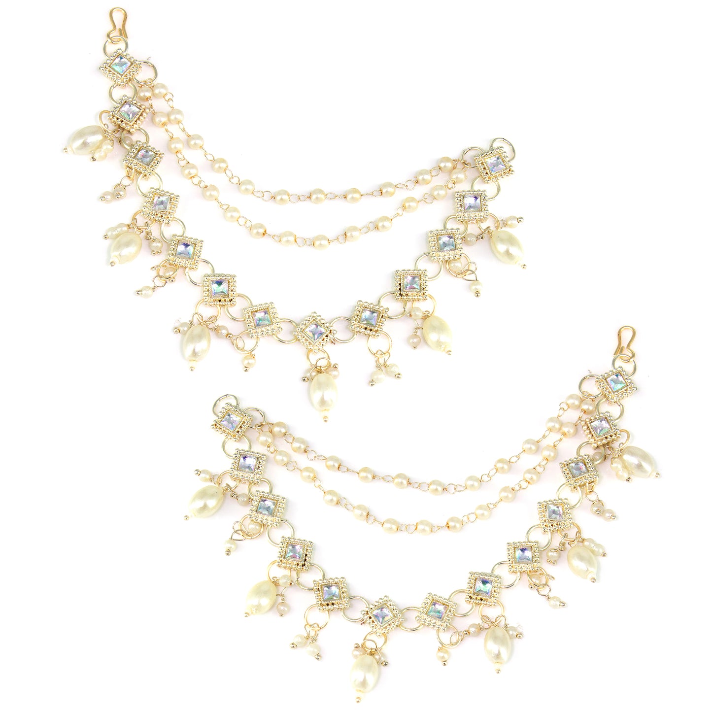 Gold-plated 3-Layered Square Kundan-Studded & Faux-Pearl Drop Ear Chain