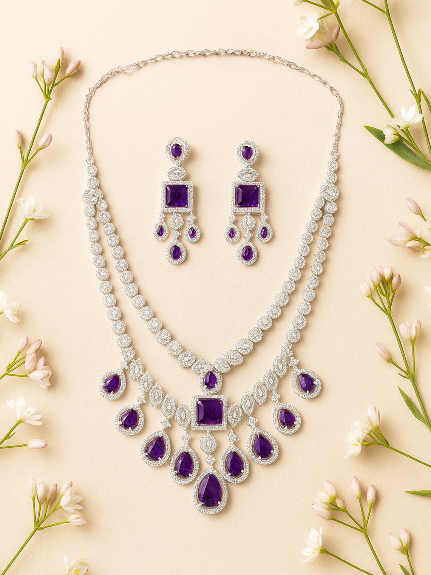 American Diamond Purple 2 Layer Designer Jewellery Set For Women And Girls