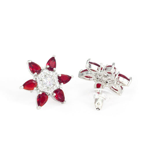 Silver Plated Red AD Floral Stud Earrings for Women