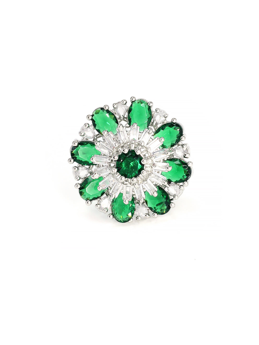 Floral Green American Diamond Adjustable Cocktail Finger Ring