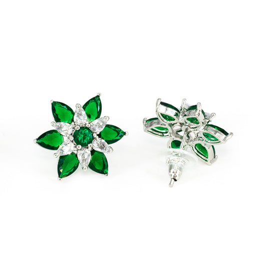 Rhodium Plated Green AD Floral Stud Earrings for Women