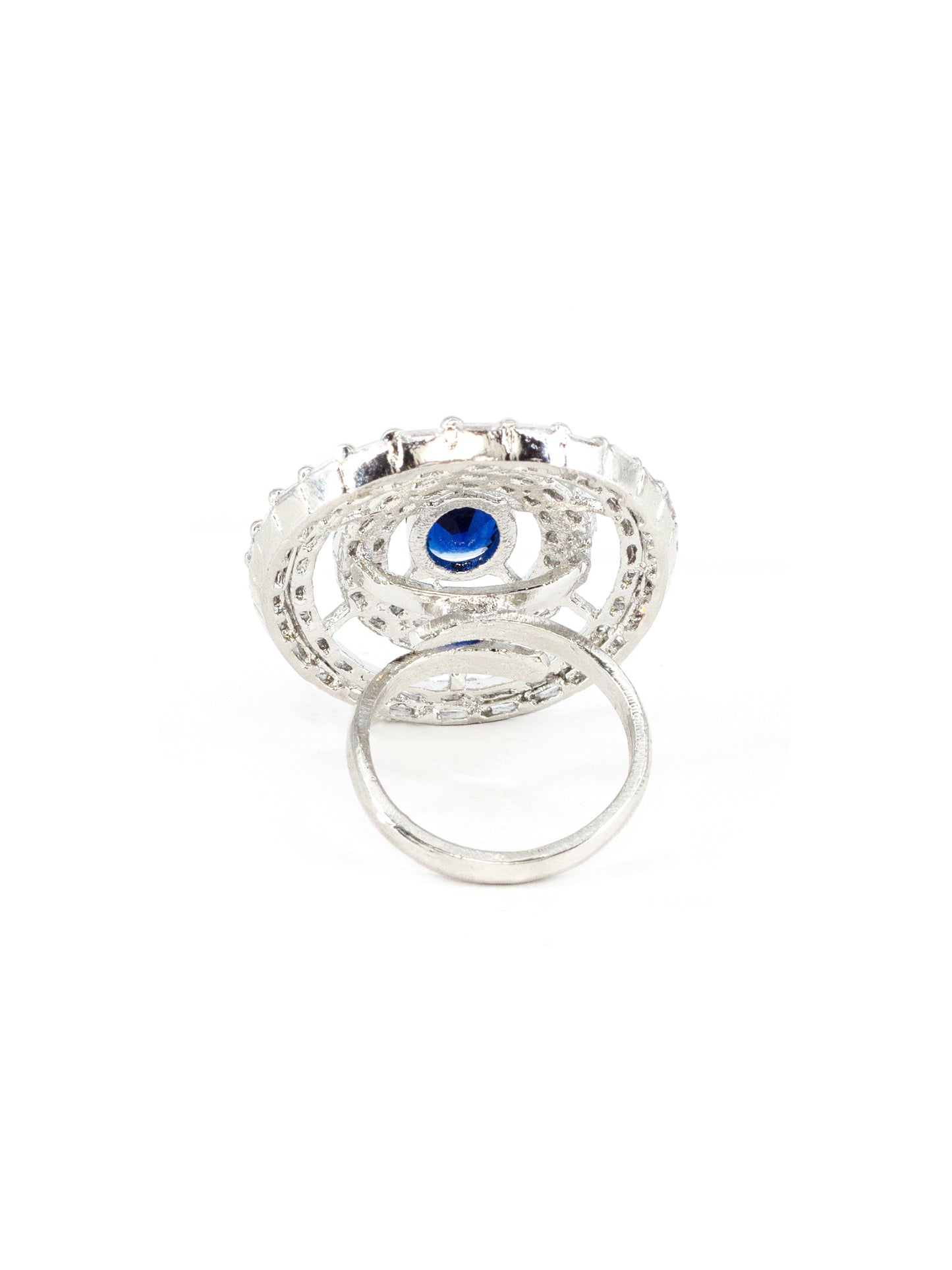 Silver Plated Blue & White AD Circular Ring for Women