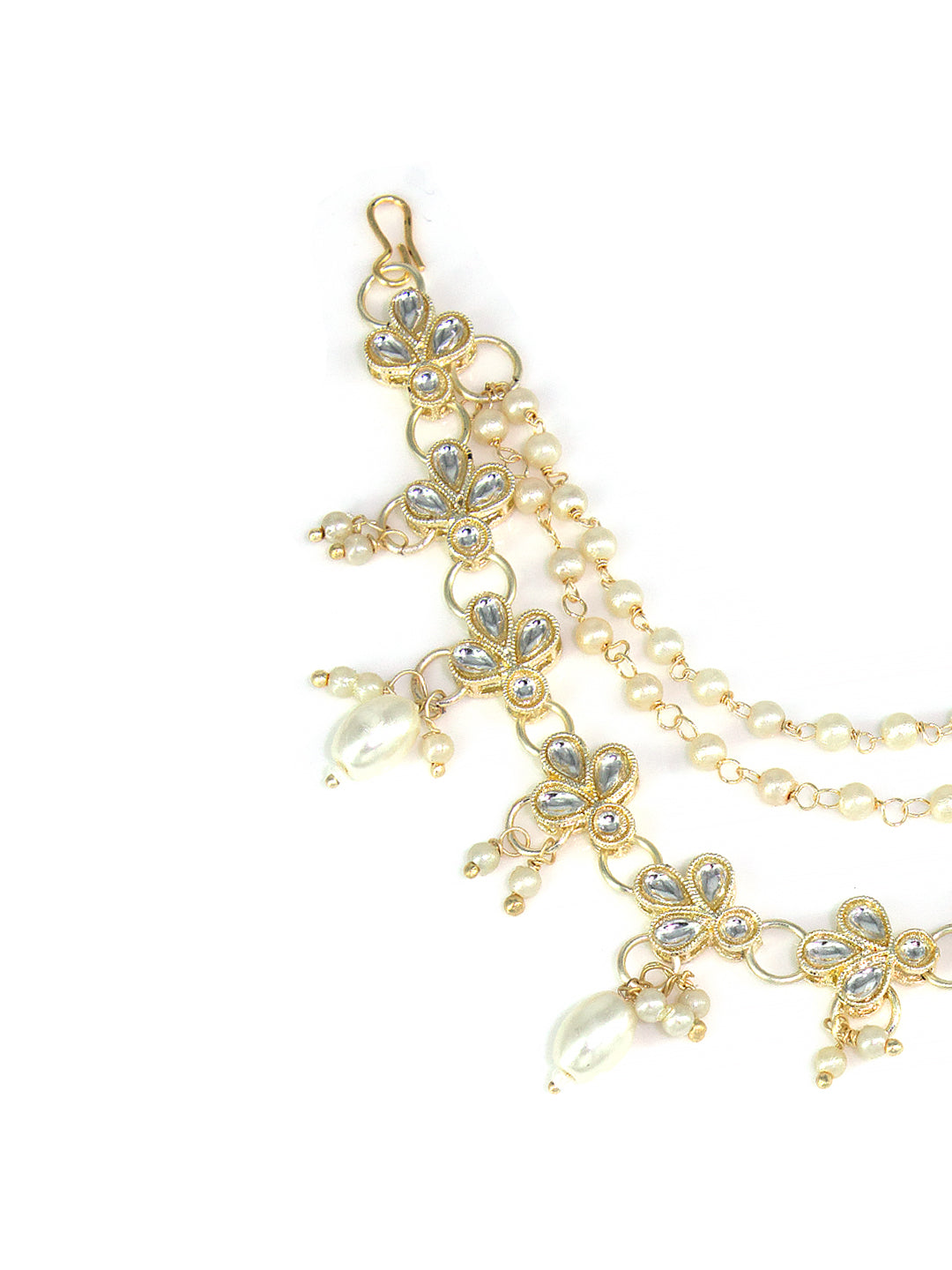 Gold-plated 3-Layered Floral Kundan-Studded & Faux-Pearl Drop Ear Chain