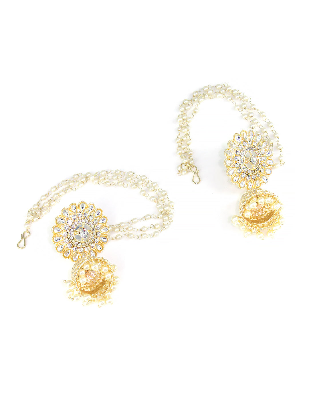 Floral Kundan-Studded & Beads Drop Jhumka Earrings With Ear Chain