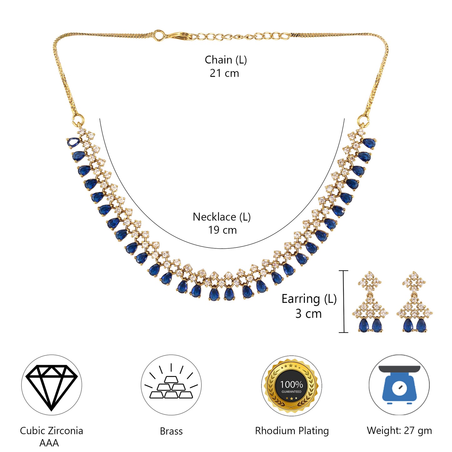Gold Plated Blue American Diamond Jewellery Set for Women