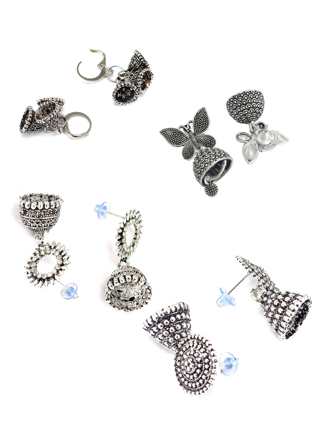 Set of 4 Silver-Oxidised Small Jhumki Earrings