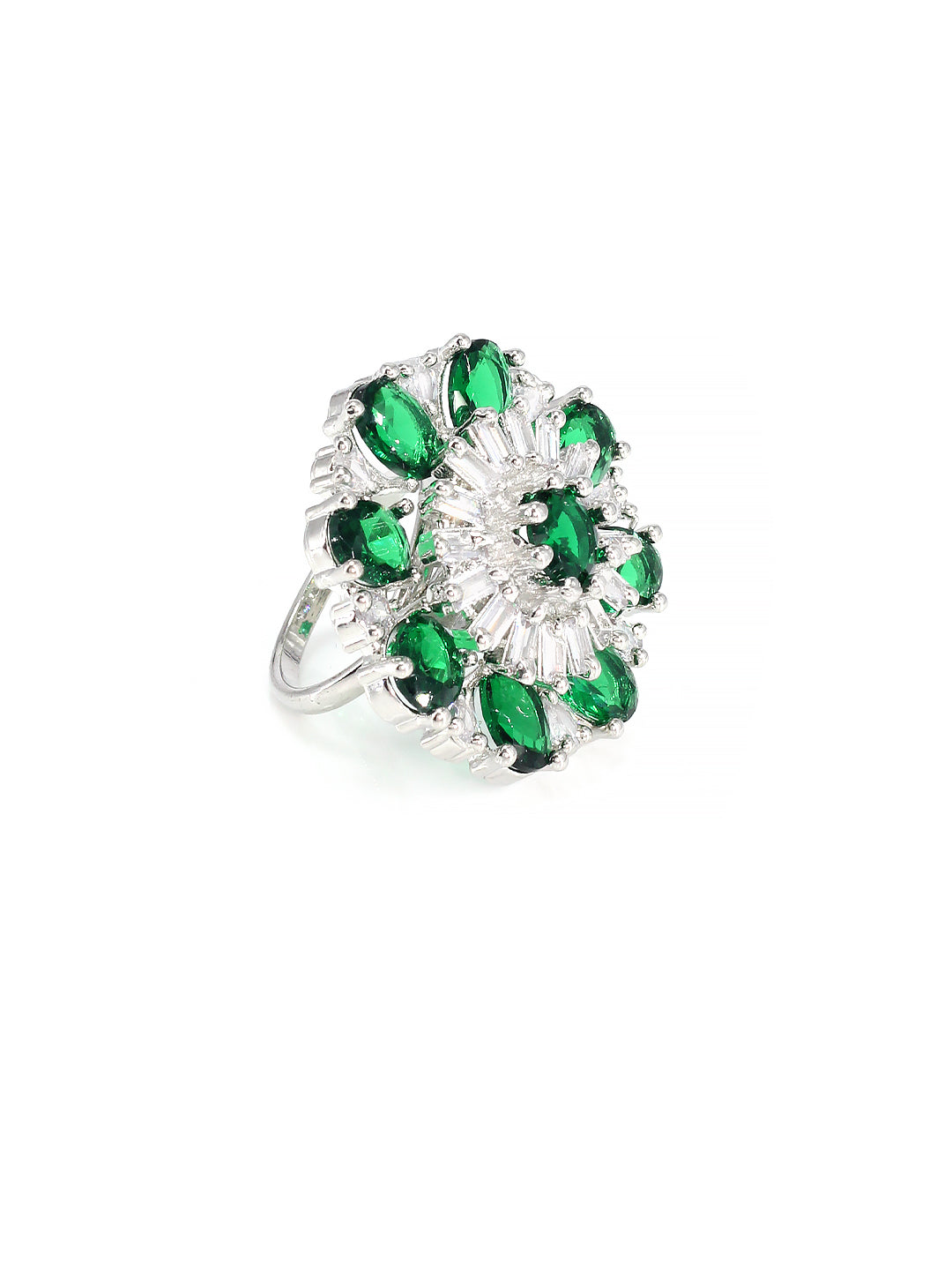 Floral Green American Diamond Adjustable Cocktail Finger Ring
