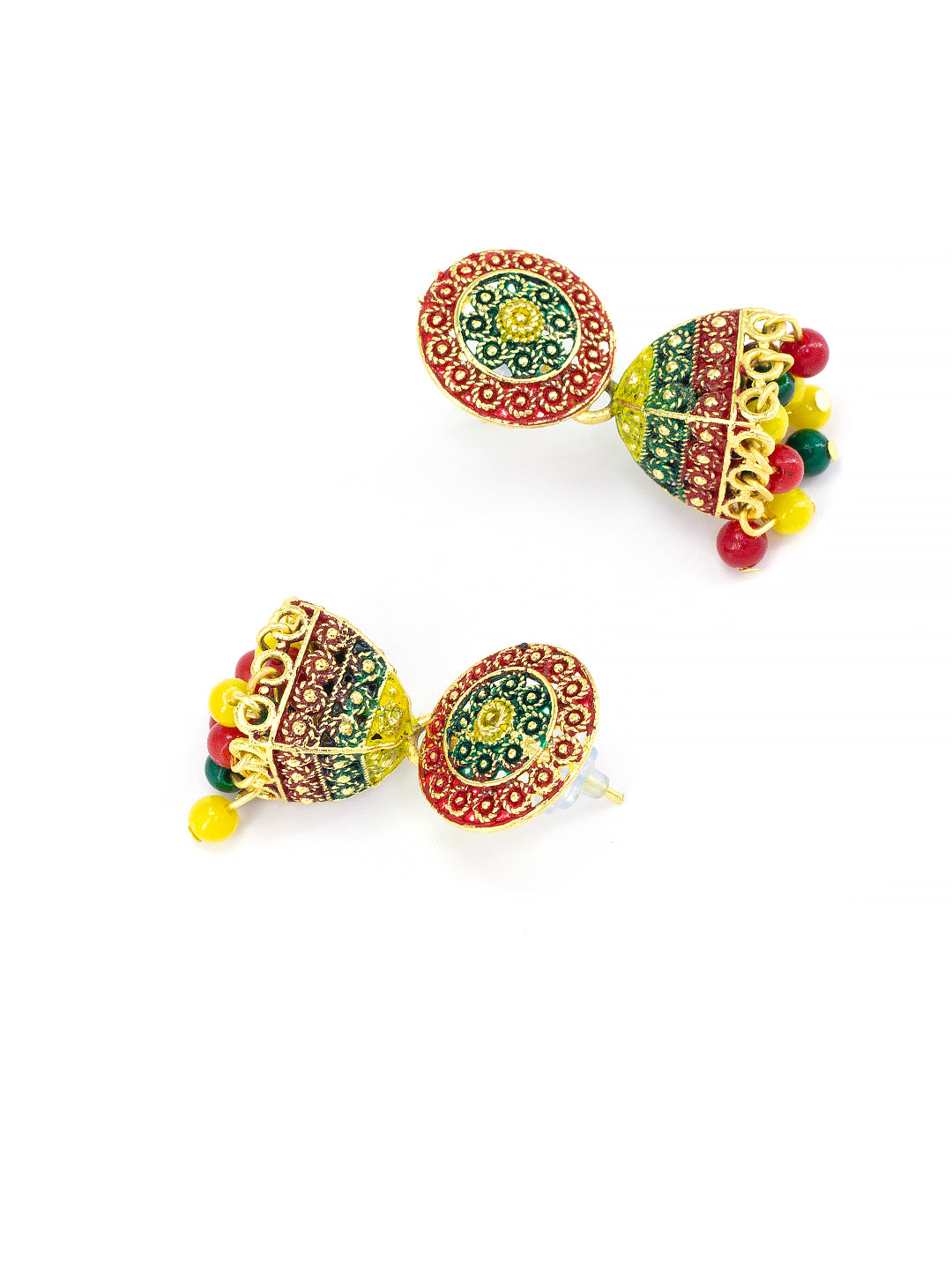 Gold Plated Circular Multi Color Artificial Beaded Jhumki Earrings