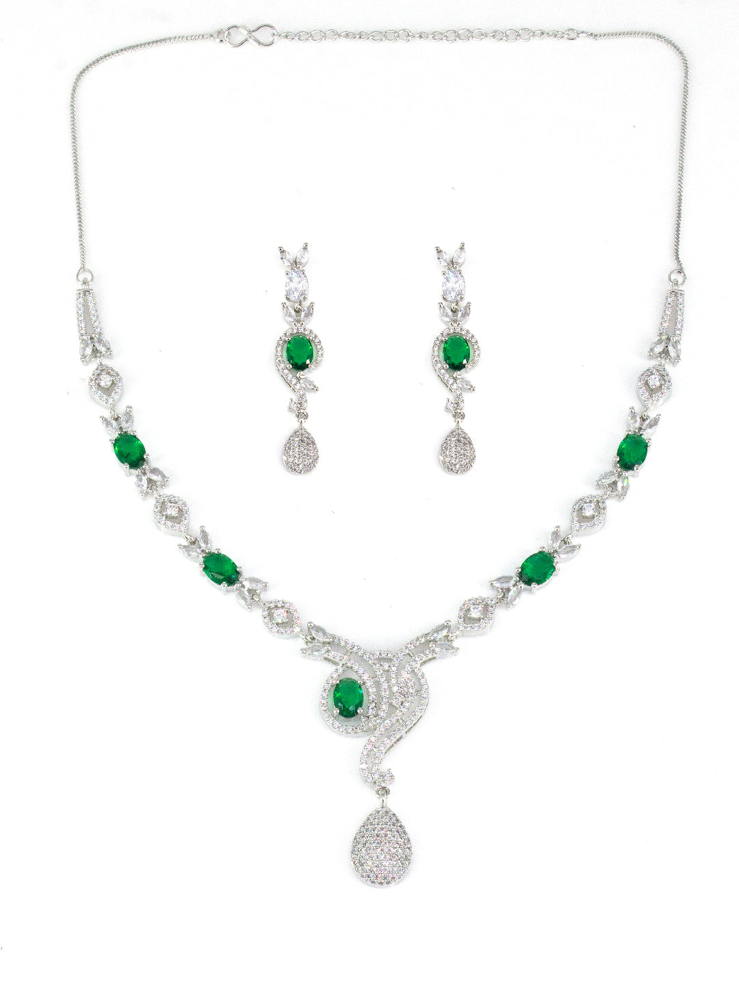 Silver Plated Green Designer AD Jewellery Set