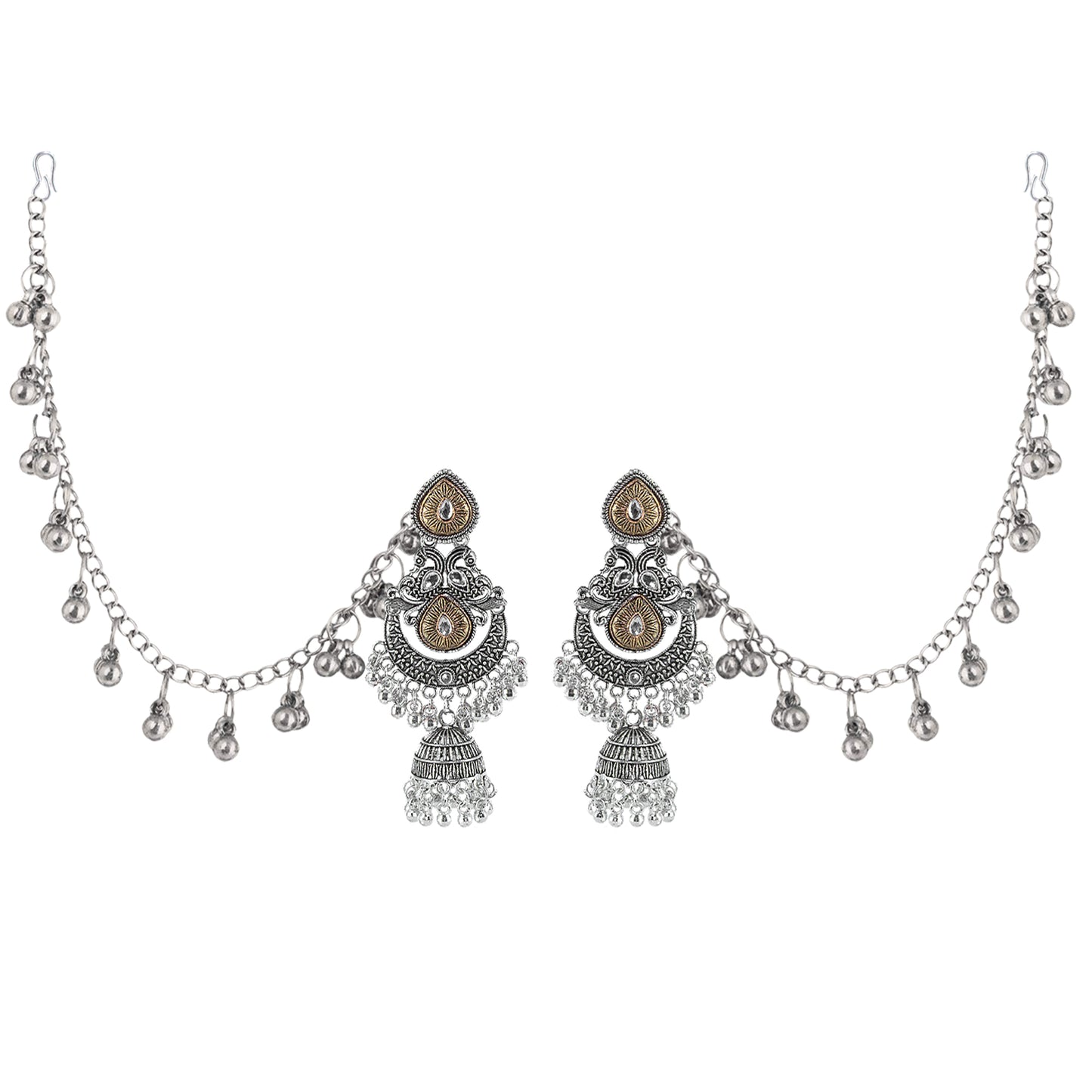 Dual-Tone Afghani Jhumka Earrings With Ear Chain