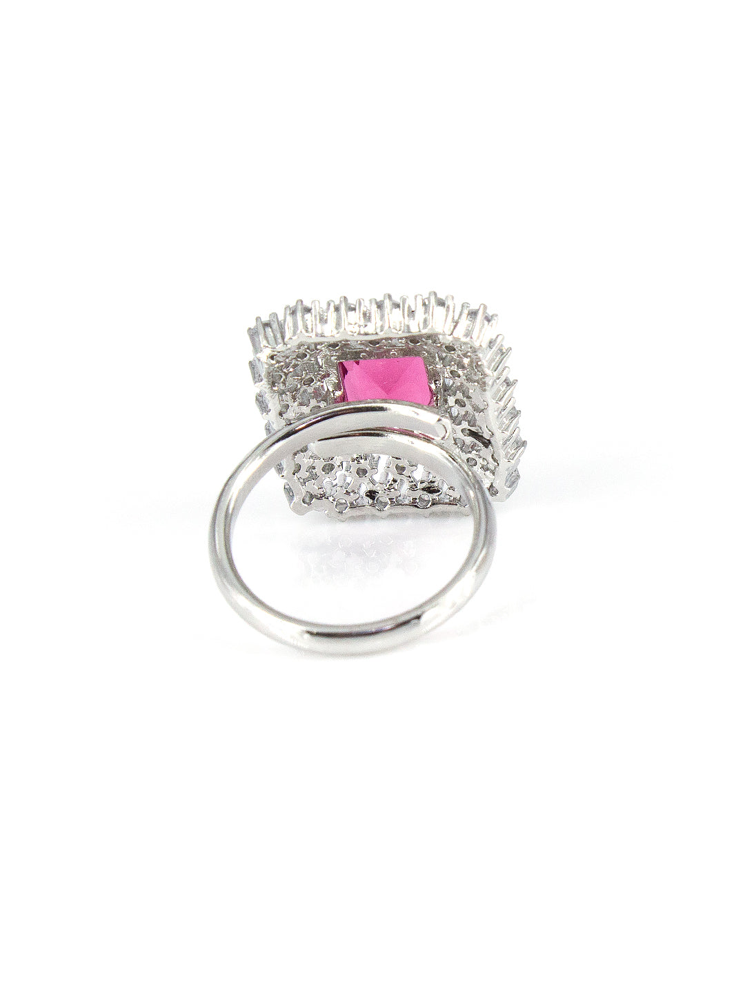 Silver Pink Stone AD Ring – Rectangle-Cut with Heavy Halo Design