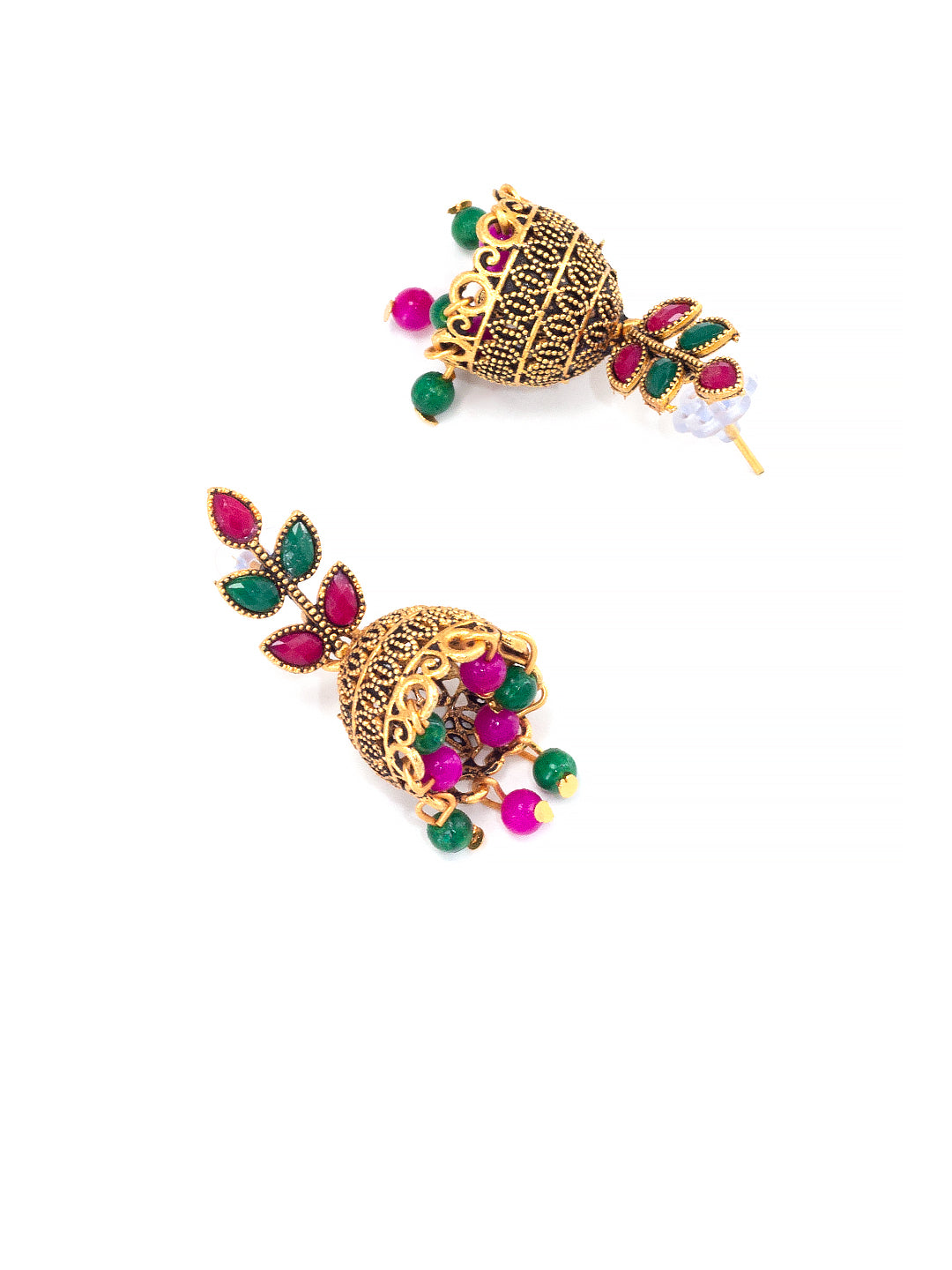 Antique Gold-Plated Leaf Artificial Stone & Beaded Jhumki Earrings