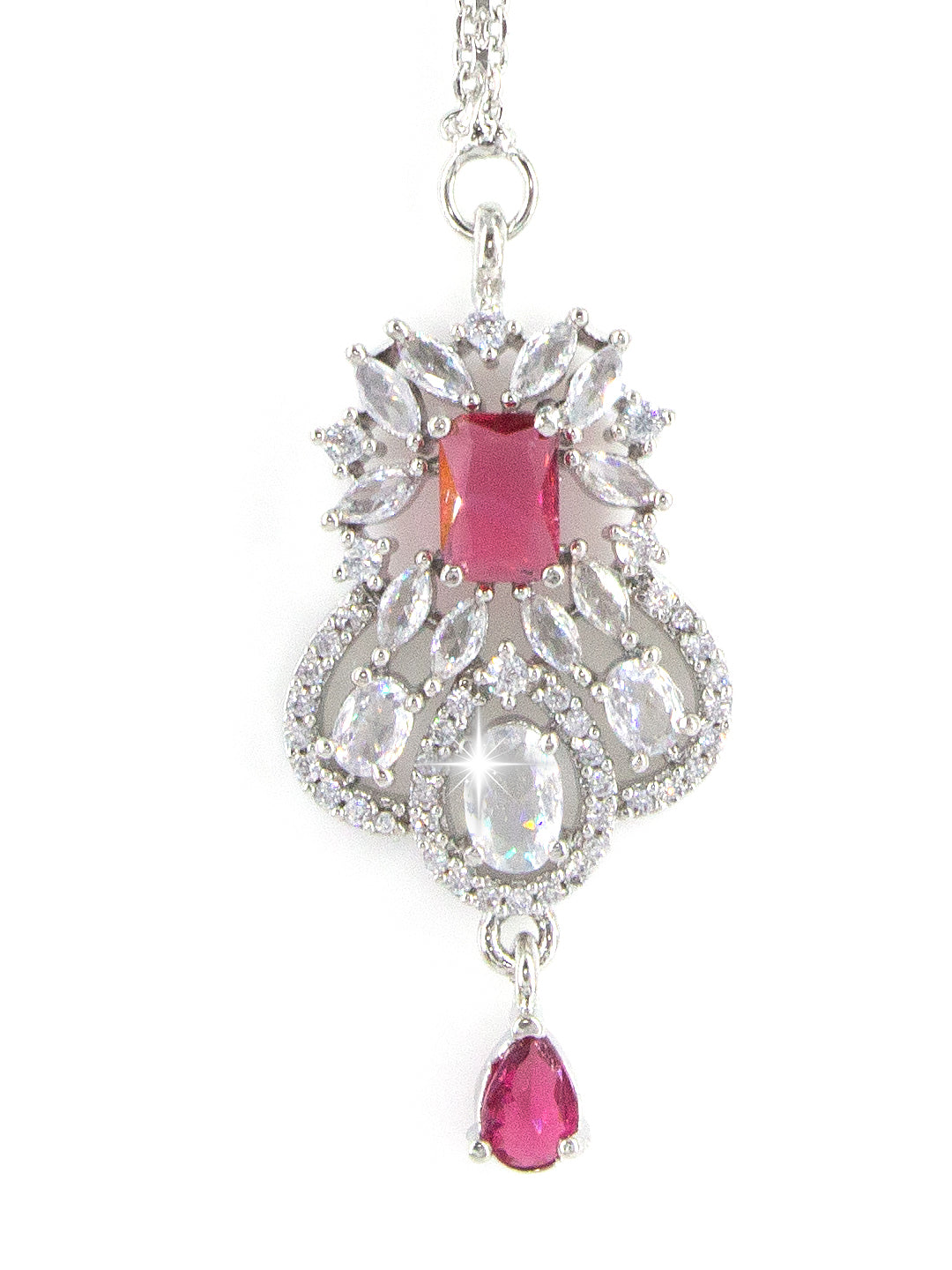 Silver Plated Red AD Studded Floral Drop Maang Tikka