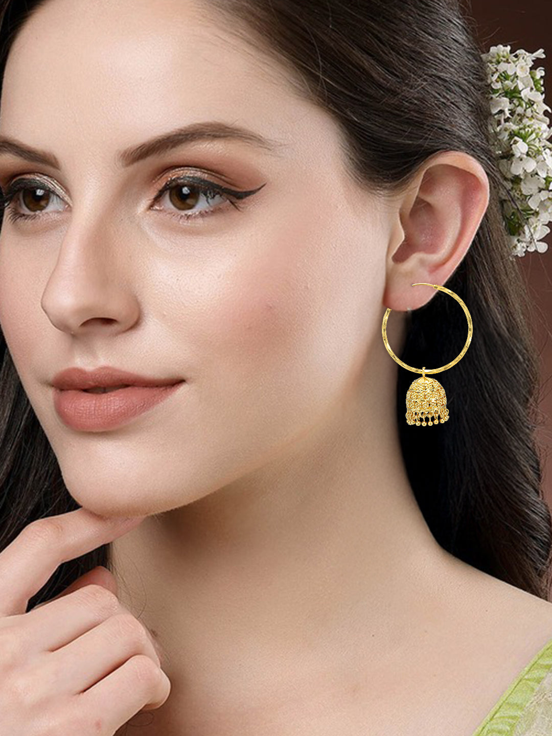 Gold Plated Floral Hoop Jhumka Earrings
