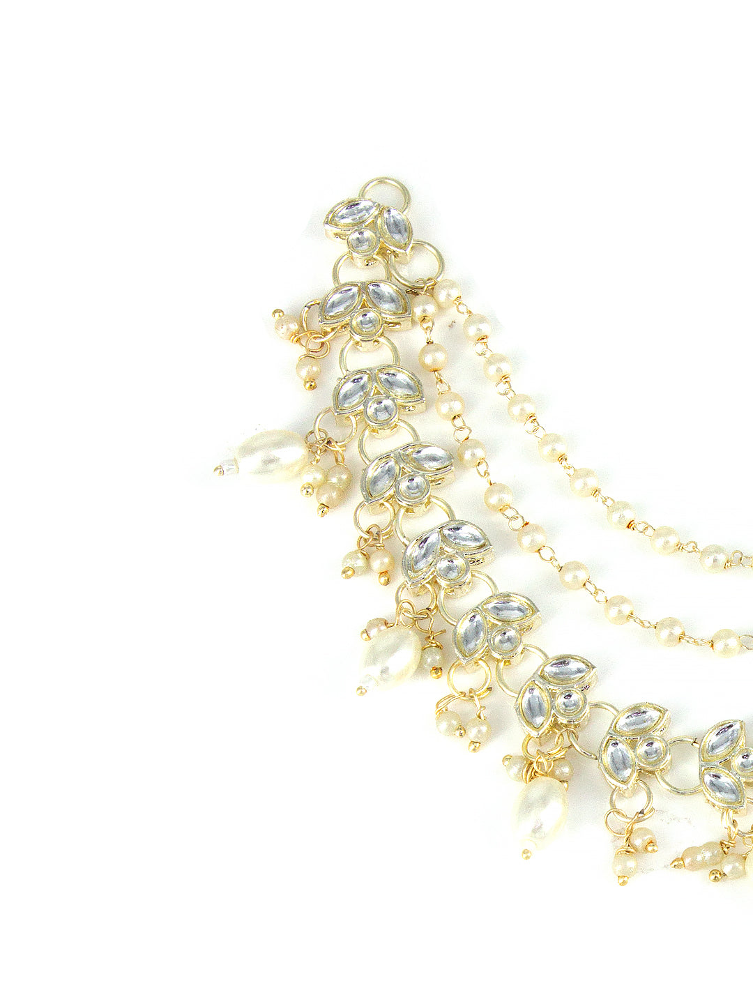 Gold-plated 3-Layered Leaf-Shaped Kundan-Studded & Faux-Pearl Drop Ear Chain