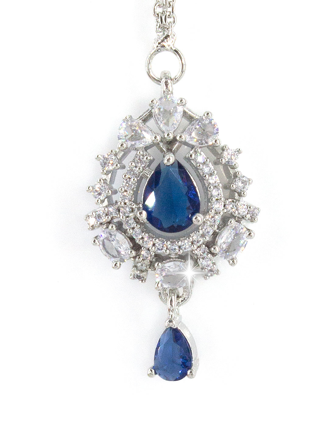 Silver Plated Blue AD Tear Drop Maang Tikka