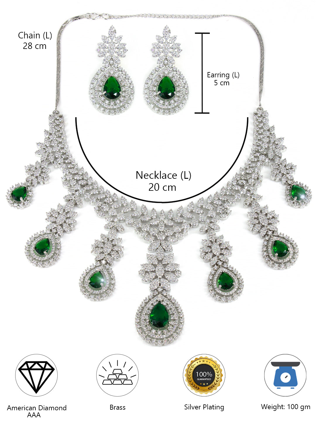 Rhodium-Plated Green Statement AD-Studded Bridal Jewellery Set