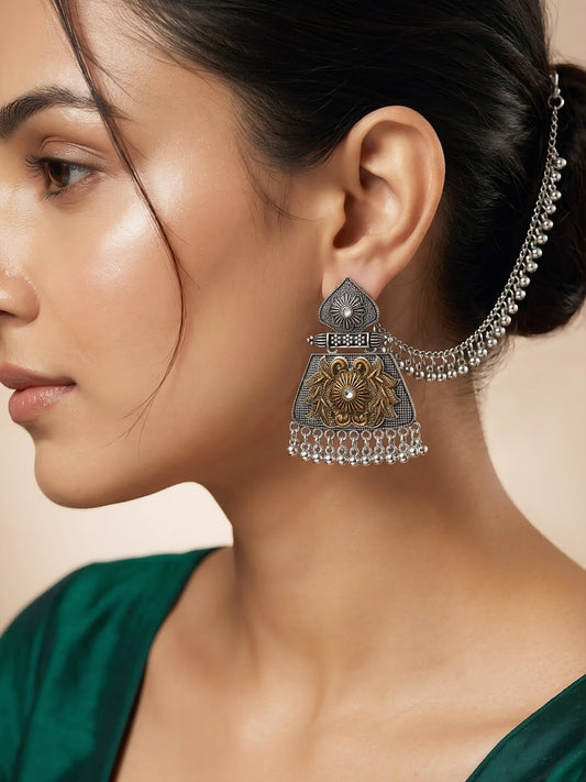 Silver Oxidised Floral Jhumka Earring with Chain for Women